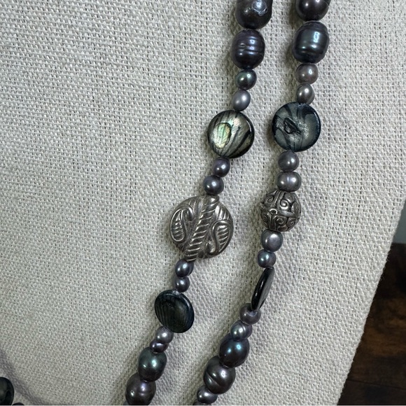 Genuine Black Freshwater Pearl and Silver Tone Bead Necklace 47 Inch - Picture 3 of 8